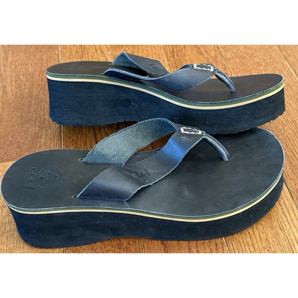 Y2K Style Reef Black Leather Chunky Platform Thong Flip Flop Sandals Size 10
